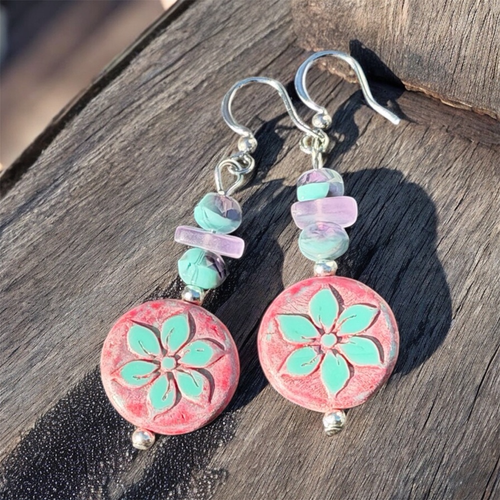 Handcrafted Floral Pink and Turquoise Czech Glass Earrings - Picture 6 of 16